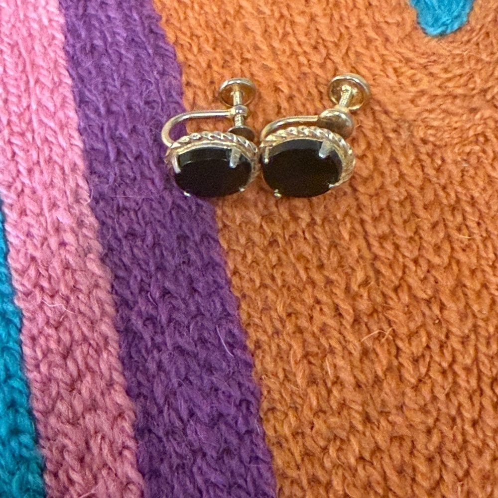 Vintage Van Dell Black Onyx Screw Backs 12K Gold Filled Rope Frame Earrings - Picture 7 of 12